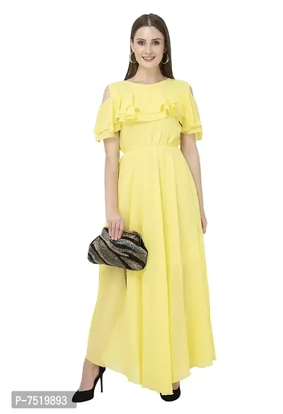 Milkyway Women's Lemon Georgette Solid Ruffled Maxi Dress-thumb4