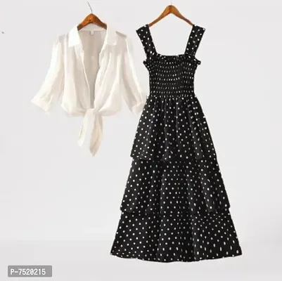 Milkyway Women Stylish Elegant Look Ankle Length 3 Layered Polka Dot Dress with White Shug -Black-thumb0