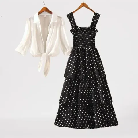 Milkyway Women Stylish Elegant Look Ankle Length 3 Layered Polka Dot Dress with Shug -