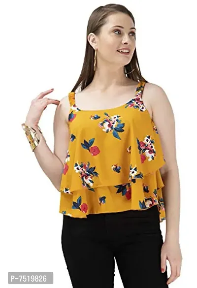 Milkyway Women's Printed Poly Crepe Layered Top |Yellow, Medium-thumb0