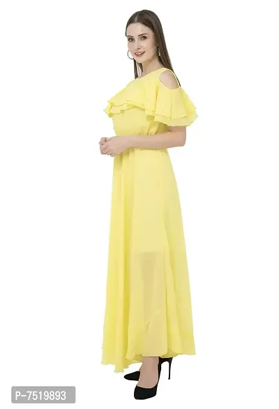 Milkyway Women's Lemon Georgette Solid Ruffled Maxi Dress-thumb2