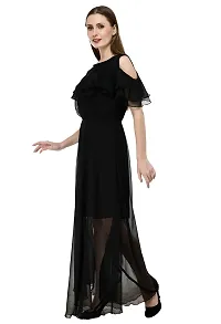 Milkyway Women's Georgette Black Solid Ruffled Maxi Dress-thumb4