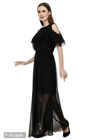 Milkyway Women's Georgette Black Solid Ruffled Maxi Dress-thumb5