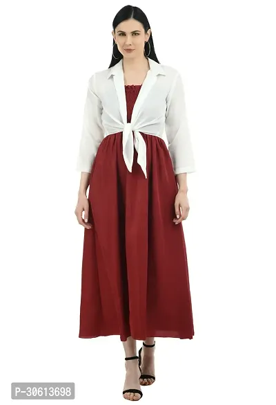 Stylish Maroon Crepe Solid Dress and Shrug Set For Women-thumb0