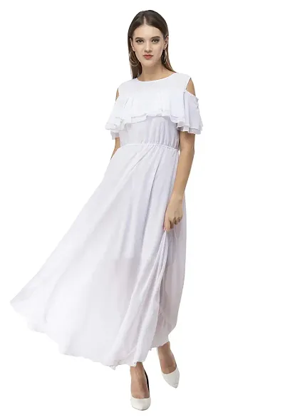 Milkyway Women Georgette Solid Ruffled Maxi Dress