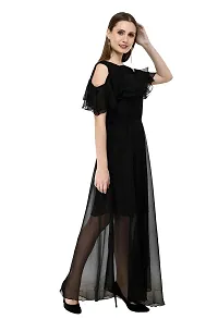 Milkyway Women's Georgette Black Solid Ruffled Maxi Dress-thumb1