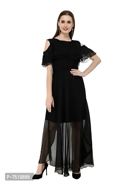 Milkyway Women's Georgette Black Solid Ruffled Maxi Dress-thumb0