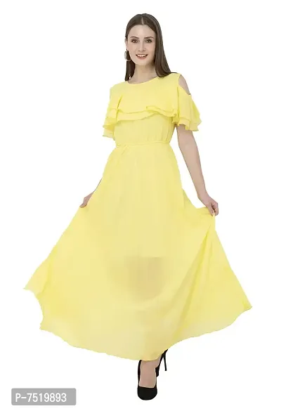 Milkyway Women's Lemon Georgette Solid Ruffled Maxi Dress