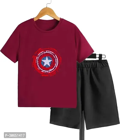 Stylish Maroon Printed Cotton T-Shirts with Shorts For Boys-thumb0