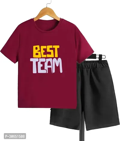 Stylish Maroon Printed Cotton T-Shirts with Shorts For Boys-thumb0