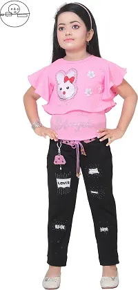 Pink Cotton Blend Embellished Top With Bottom Set For Girls-thumb1