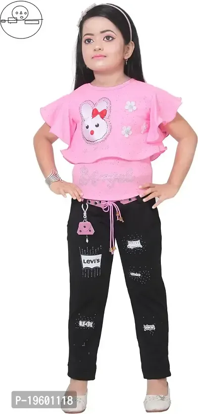 Pink Cotton Blend Embellished Top With Bottom Set For Girls-thumb2