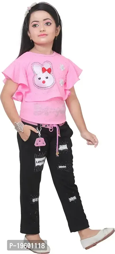 Pink Cotton Blend Embellished Top With Bottom Set For Girls