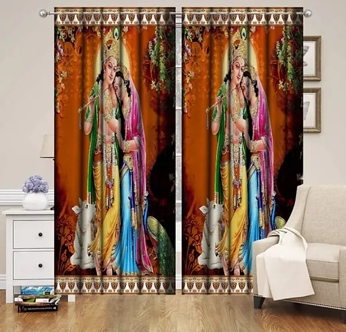 Stylish Orange Tissue Printed Door Curtains