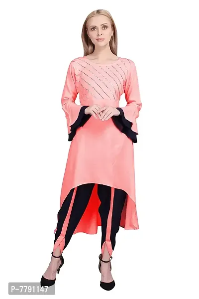 KASHEEDAFAB Women's Casual Rayon Embroidered Asymmtric Kurti With Dhoti Pant(KFS-043_Light Pink_Navy Blue)-thumb0