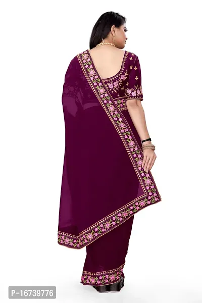 Stylish Georgette Purple Embroidered Saree with Blouse piece-thumb2