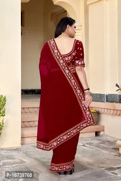 Stylish Georgette Maroon Embroidered Saree with Blouse piece-thumb2