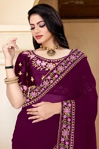 Stylish Georgette Purple Embroidered Saree with Blouse piece-thumb1