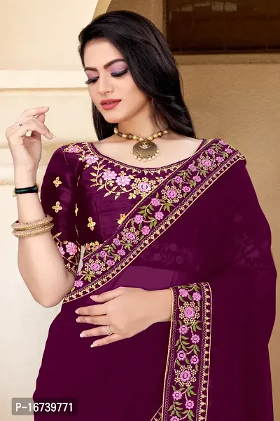 Stylish Georgette Purple Embroidered Saree with Blouse piece-thumb2