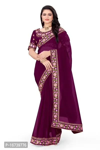 Stylish Georgette Purple Embroidered Saree with Blouse piece-thumb0