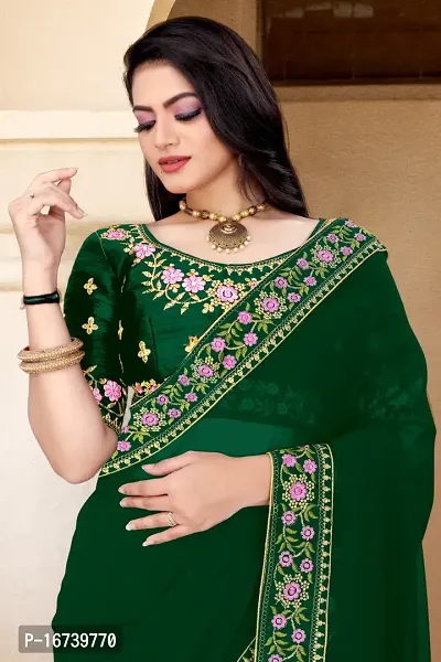 Stylish Georgette Green Embroidered Saree with Blouse piece-thumb3