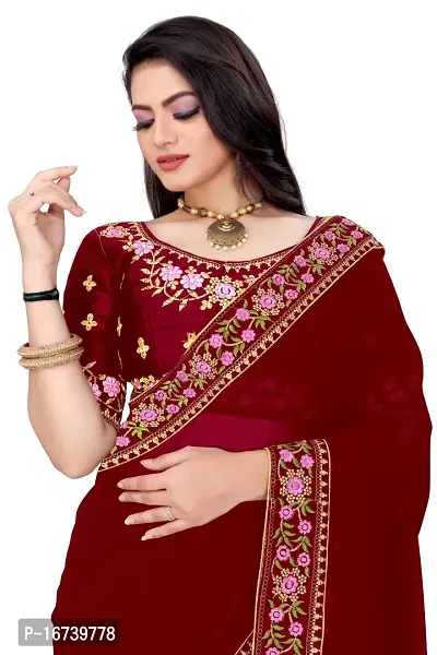 Stylish Georgette Maroon Embroidered Saree with Blouse piece-thumb3