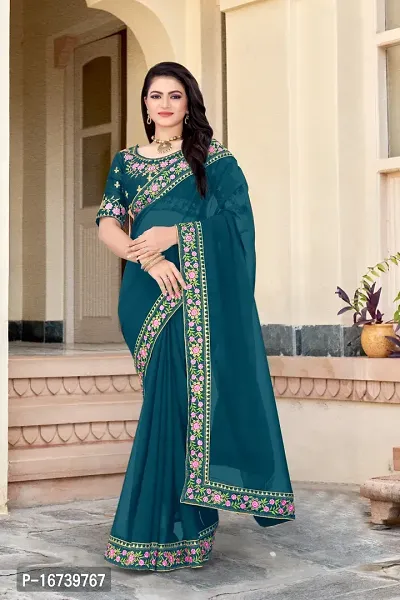 Stylish Georgette Blue Embroidered Saree with Blouse piece