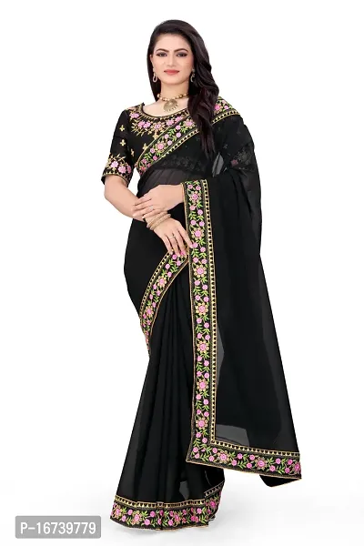 Stylish Georgette Black Embroidered Saree with Blouse piece-thumb0