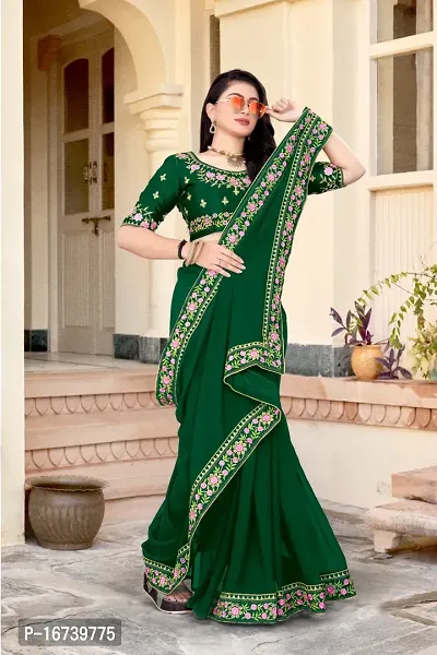 Stylish Georgette Green Embroidered Saree with Blouse piece