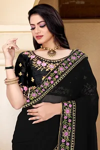 Stylish Georgette Navy Blue Embroidered Saree with Blouse piece-thumb1