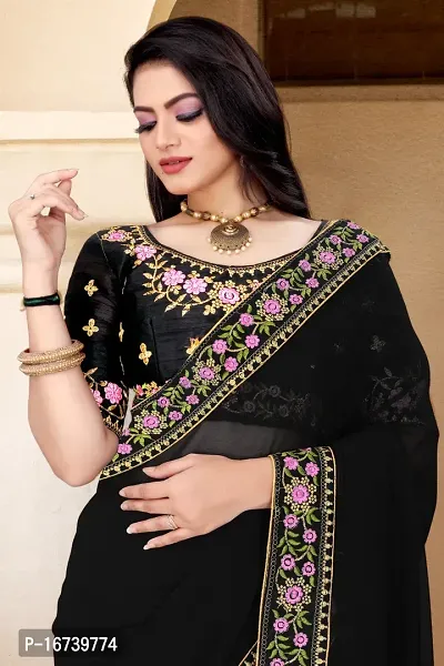 Stylish Georgette Navy Blue Embroidered Saree with Blouse piece-thumb2