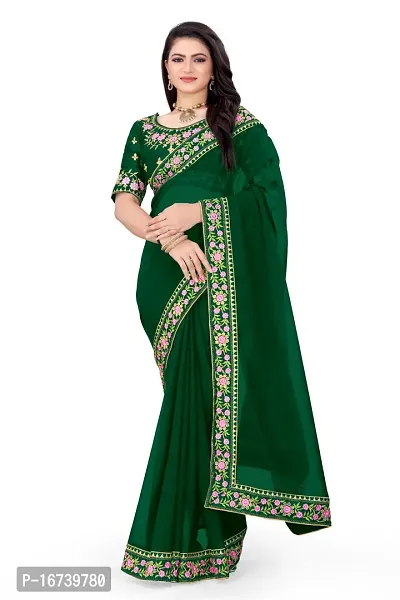 Stylish Georgette Green Embroidered Saree with Blouse piece-thumb0