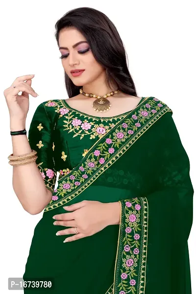 Stylish Georgette Green Embroidered Saree with Blouse piece-thumb3