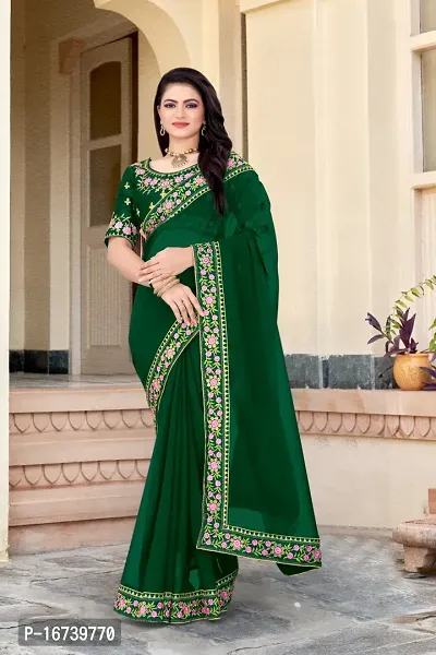 Stylish Georgette Green Embroidered Saree with Blouse piece