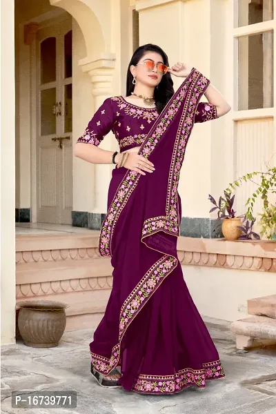 Stylish Georgette Purple Embroidered Saree with Blouse piece