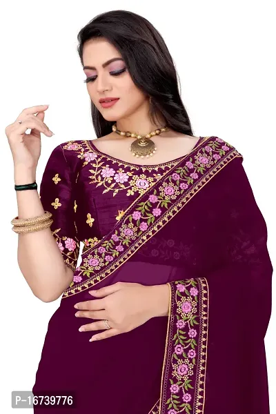 Stylish Georgette Purple Embroidered Saree with Blouse piece-thumb3