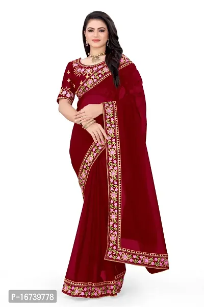 Stylish Georgette Maroon Embroidered Saree with Blouse piece