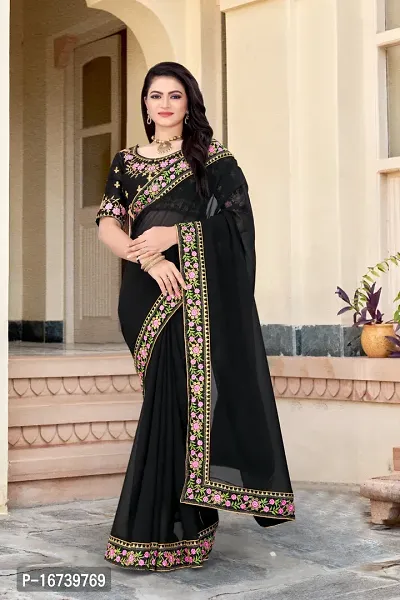 Stylish Georgette Black Embroidered Saree with Blouse piece