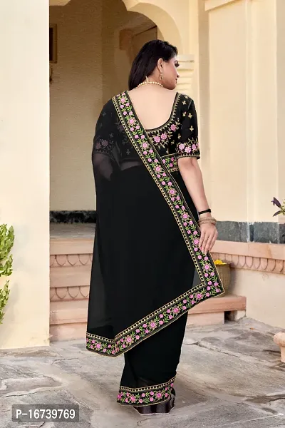 Stylish Georgette Black Embroidered Saree with Blouse piece-thumb2