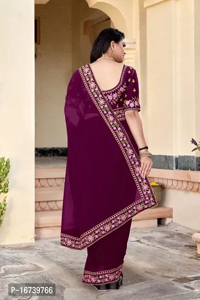 Stylish Georgette Purple Embroidered Saree with Blouse piece-thumb2