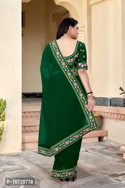 Stylish Georgette Green Embroidered Saree with Blouse piece-thumb2