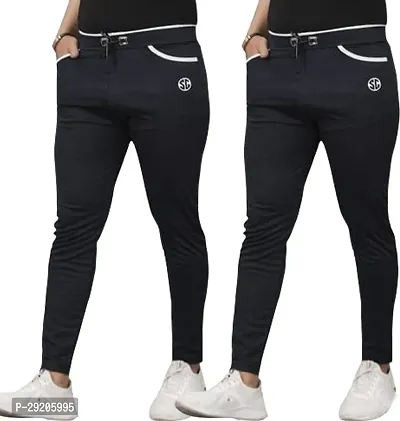 Stylish Black Cotton Blend Solid Regular Track Pants For Men Pack Of 2