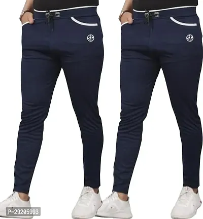 Stylish Navy Blue Cotton Blend Solid Regular Track Pants For Men Pack Of 2-thumb0