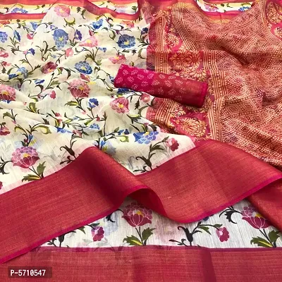 Attractive Cotton Blend Printed Zari Border Saree with Blouse piece