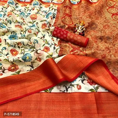 Attractive Cotton Blend Printed Zari Border Saree with Blouse piece