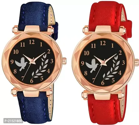 Bird And Leaf Classic Design Black Dial Blue  Red Leather Strap Analog Watch For Girls/Women Pack Of 2