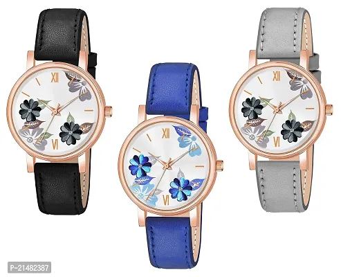 Unique Design Multicolor Flower Dial Multicolor Leather Belt Analog Combo watch for Women/Girls Pack Of 3-thumb0