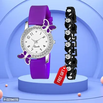 Butterfly Design Case White Dial Pu Purple With Free Gift Diamond Black Bracelet Only For You-thumb0