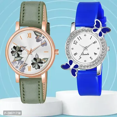 Green Flower Dial Green Belt Analog Watch With day-flying Design White Dial Blue PU Belt For Women/Girls-thumb0