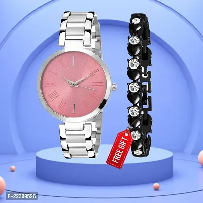 Pink Dial silver Chain Strap Women Anlaog Watch With Free Gift Diamond Black Bracelet